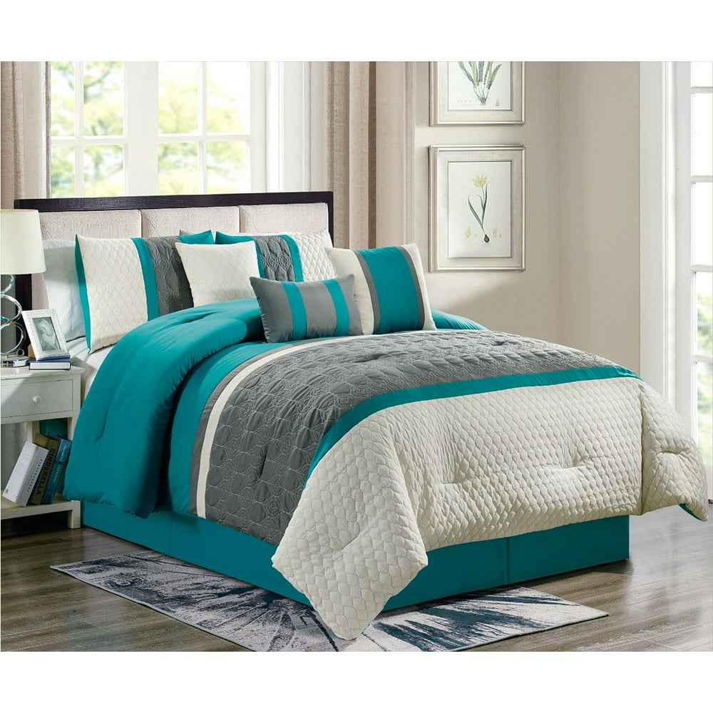 Enas 8-Piece Comforter Set Turquoise & Gray Embroidered Bedding King ...