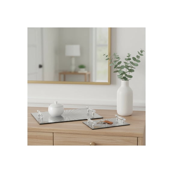 Set of 2 Glam Decorative Serving Trays with Handles - Glass & MDF Metallic Accent Trays for Home, Office, Bedroom, Living Room - 2" Silver