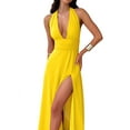 thumbnail image 3 of Womens Halter Deep V Neck Maxi Dress Sleeveless Backless Split Long Dress Yellow L, 3 of 9