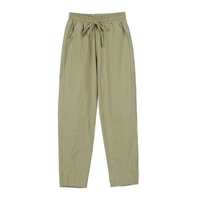 FAIWAD Womens Cotton Linen Jogger Pants Drawstring Elastic Waist Lightweight Cropped Pants Trousers
