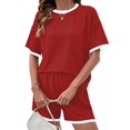 thumbnail image 3 of Women 2 Piece Shorts Set Casual Summer Outfits Ribbed Loose Short Sleeve Matching Lounge Sets Red XXL, 3 of 8