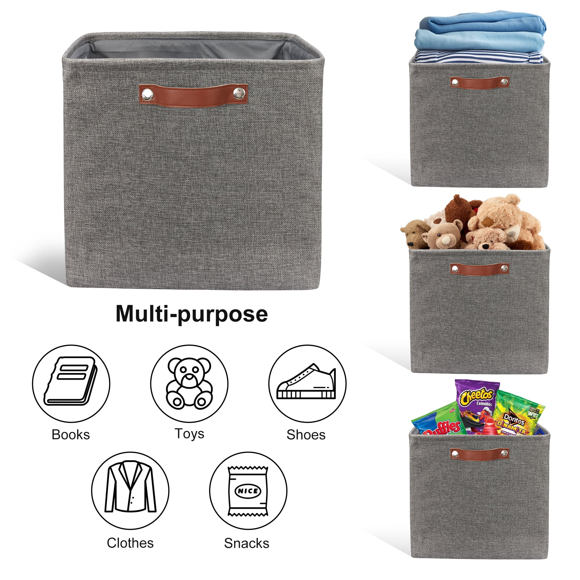 Tegance 13x13 Storage Cubes Baskets 4 Pack Fabric Cube Storage Bins Large Storage Baskets with Leather Handles,Decorative Storage Boxes for Organizing Shelves(Grey)