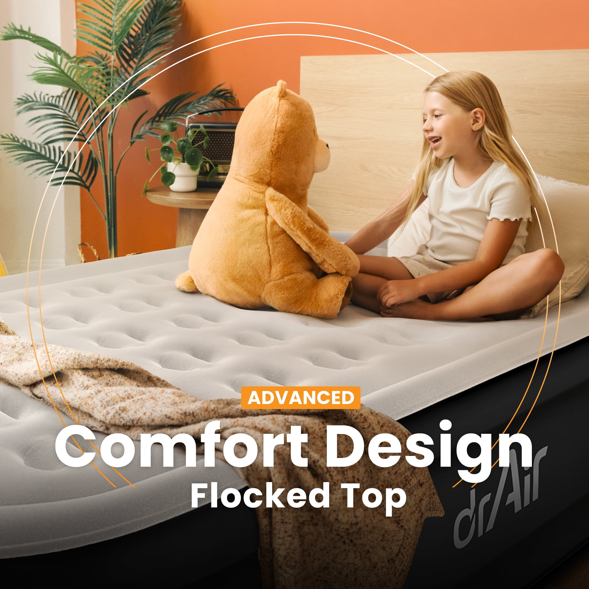 Dr. Air Queen Air Mattress, 18” Raised Inflatable Bed with Built-in Pump, Waterproof Velvety Top, Ergonomic Design, Reinforced Support, and Carry Bag for Home, Camping, and Guests