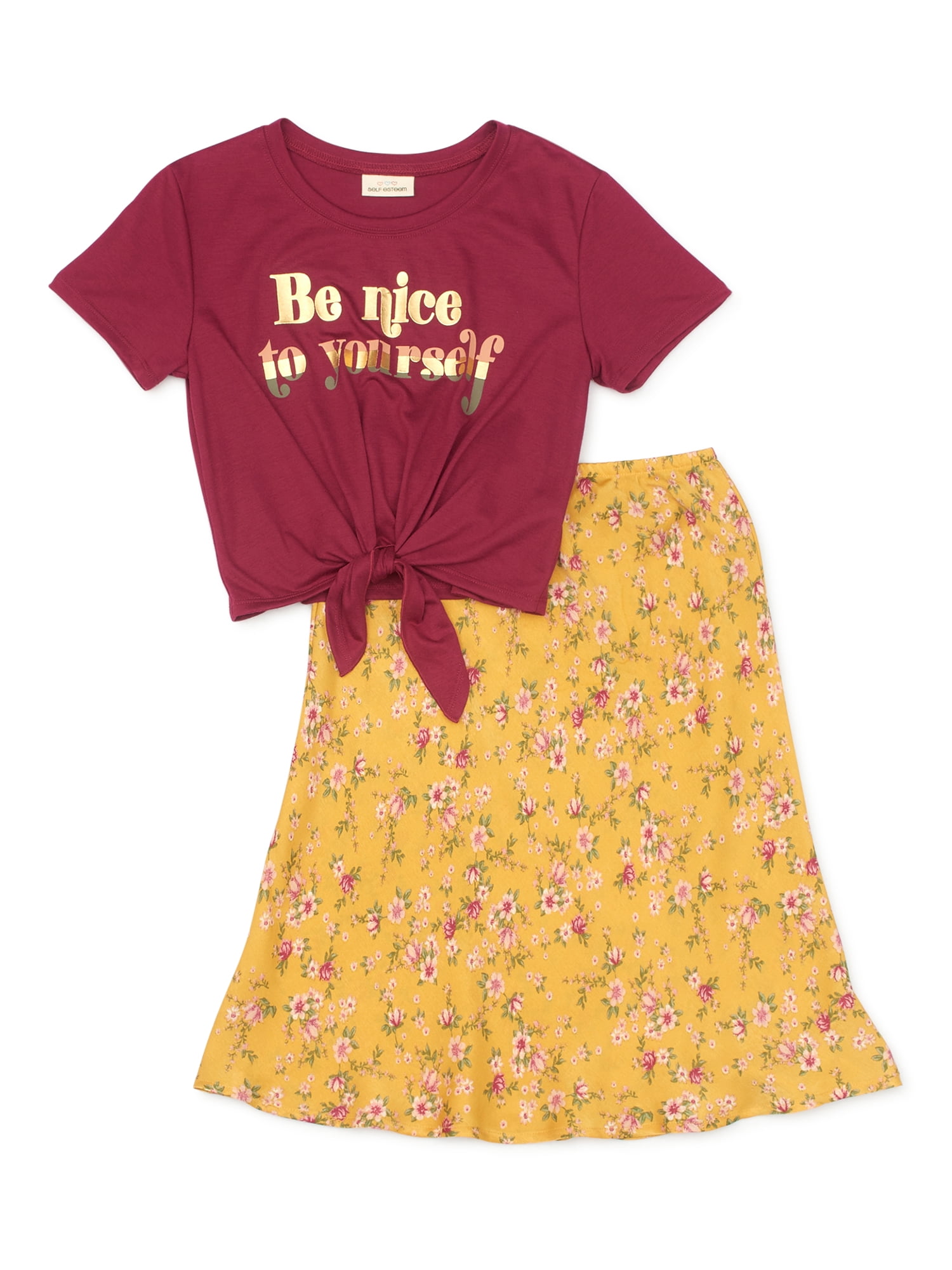 Self Esteem Self Esteem Girls Tie Front Graphic Top and Midi Skirt, 2