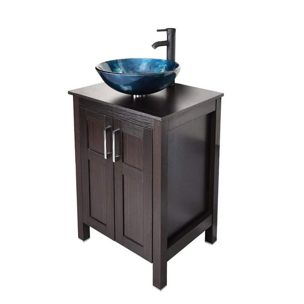 Elecwish 24 Inches Traditional Bathroom Vanity Set In Dark Coffee Finish Single With Top And 2 Door Cabinet Tempered Glass Round Sink Faucet Hole Com Door Cabinet Tempered Glass Round Sink, Glass Bowl Vanity Set