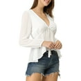 thumbnail image 6 of Allegra K Women's Deep V Neck Drawstring Swiss Long Sleeves Blouse Tops, 6 of 7