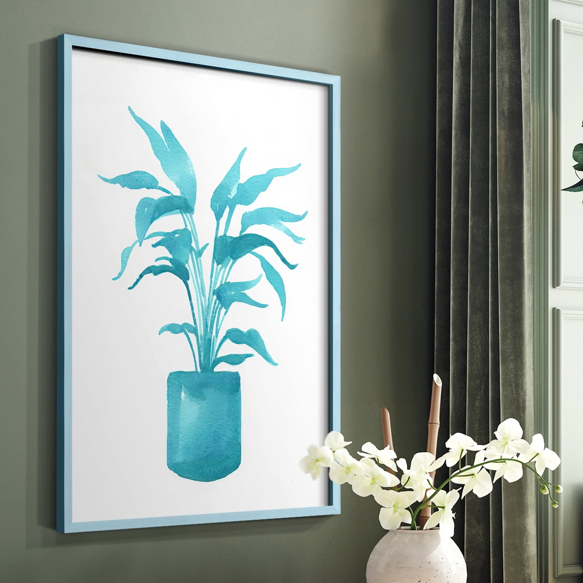 Watercolor House Plant IV Framed Print in Blue Solid Wood 8 x 10 Framed Print