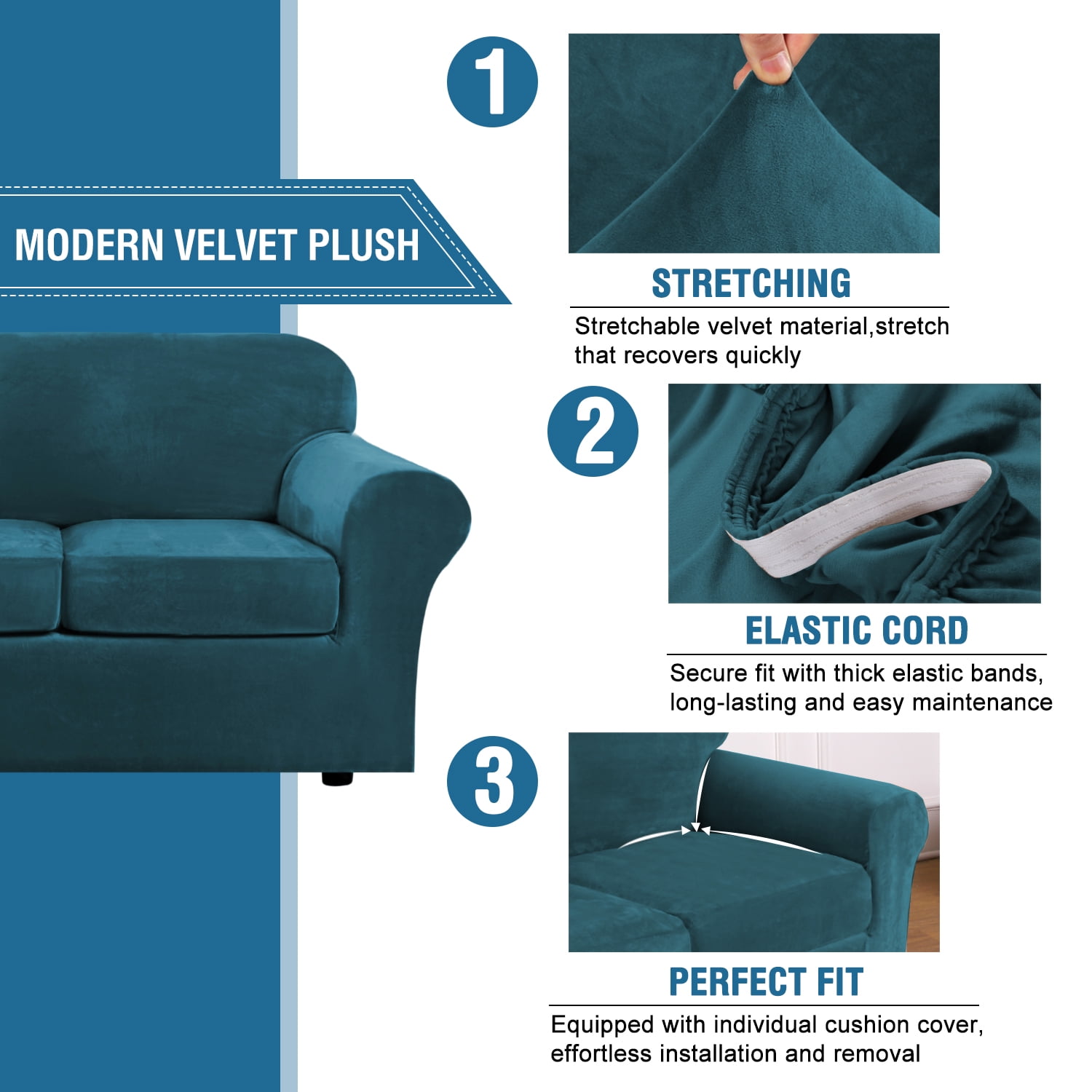 CJC 4-Piece Sofa Couch Covers, Velvet 3 Seater Slipcover for Separate Cushion Couch, Stretch Furniture Protector for Pets Kids, 9 Colors