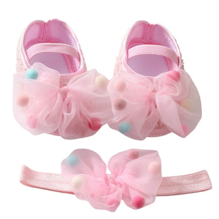 

Biezeib Baby Girl Spring Summer Flats Infant Bow First Walker Crib Shoes with Headband for Festival Baby Shower Gift