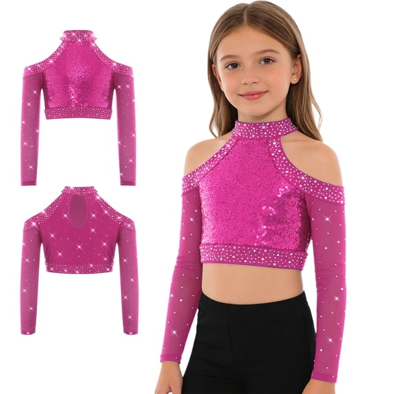 iiniim Girls Sequin Rhinestones Crop Top Cold Shoulder Long Sleeve Sparkle Tee Hip Hop Jazz Dance Shirt Hot Pink 16