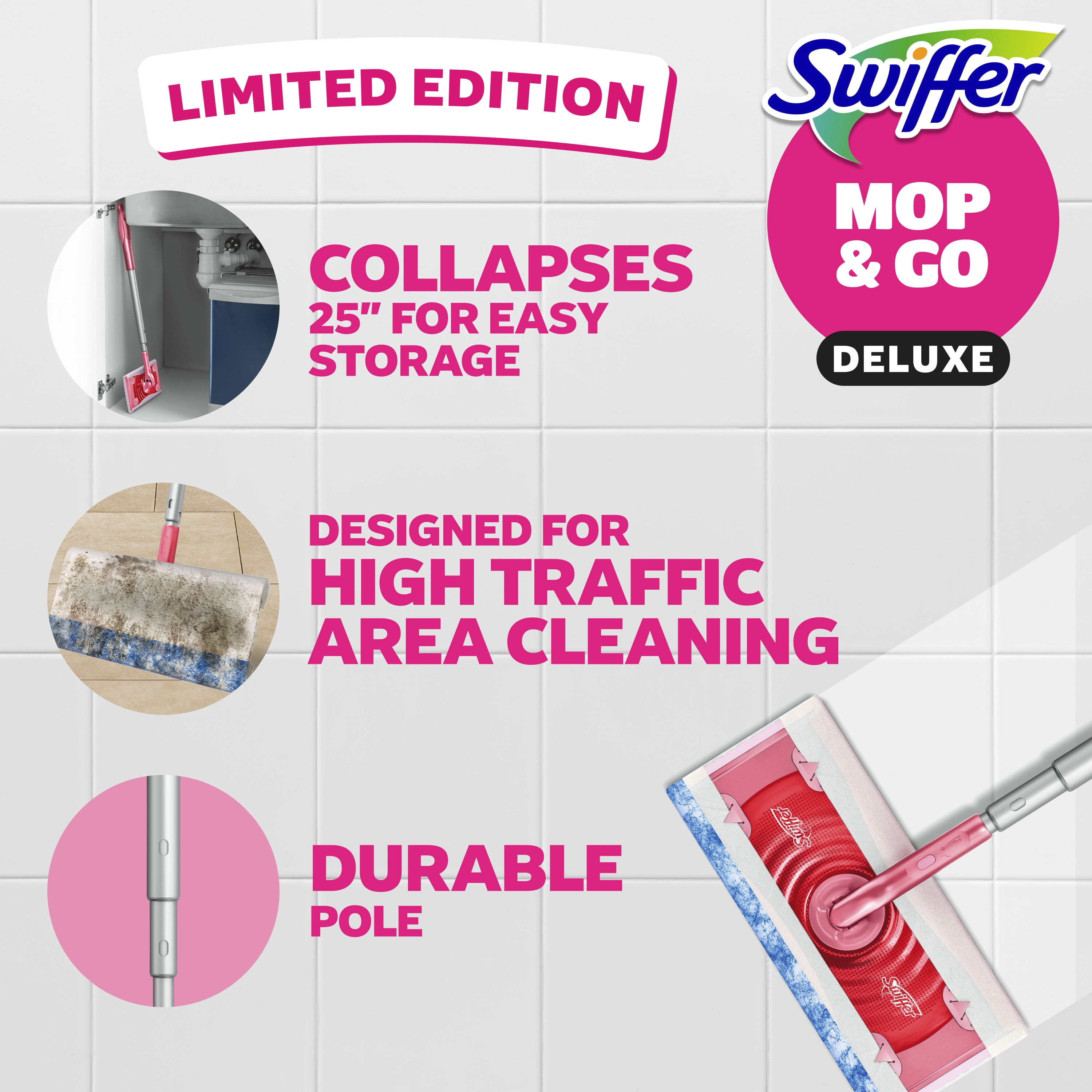 Swiffer Pink Mop & Go Deluxe Kit with Dry & Wet Refills, Unscented, 1 Handle + 2 Hair Magnet Dry Refills & 6 Mop & Go Wet Refills