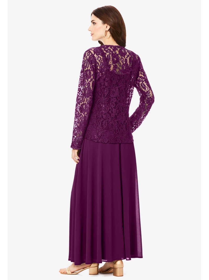 plus size long formal dresses with jackets Roaman's Plus Size Long Sleeve Pleated Jacket Dress Set Elegant 2-Piece Sheath Suit