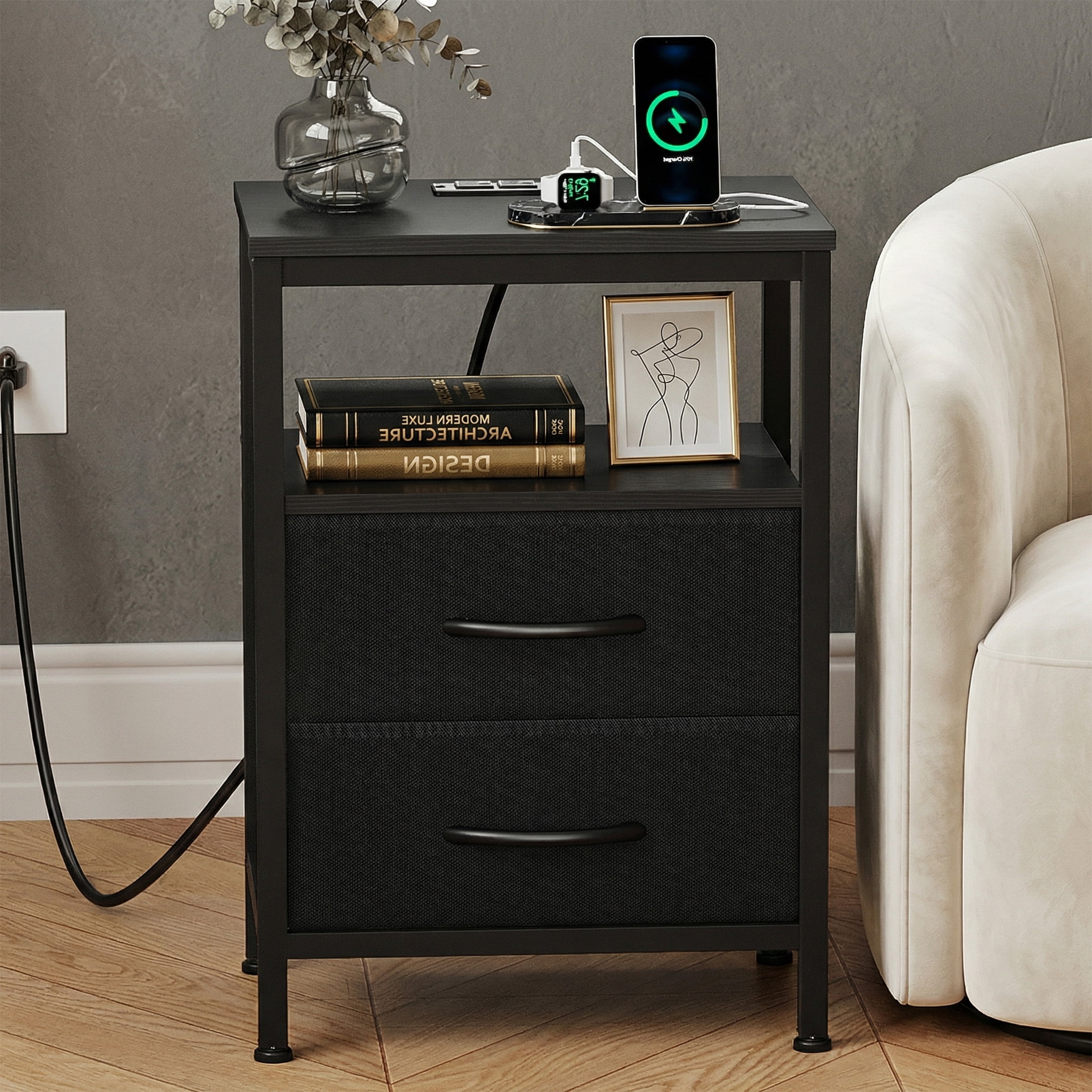 EDX Wall-mounted bedside table, featuring a built-in socket with USB/Type-C interface and adjustable drawers (two drawers). Suitable for bedroom space-saving design. Black