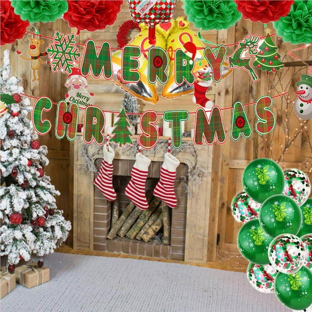 Langgg Christmas Decoration Balloons Banner Set Banners Sequin Balloons Bells Party Props Set