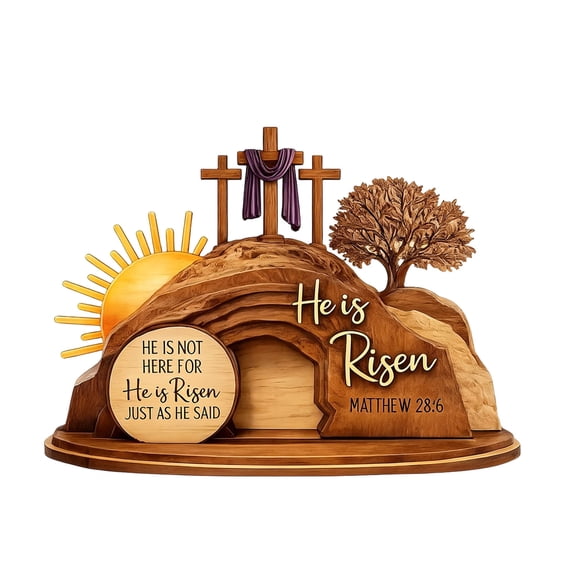 DefiDgd He Is Risen Jesus Empty Tomb Wooden Figurines Table Ornament,Christian Scene and Cross for Home Office Shelf Tabletop Religious Christian Gifts Decoration(Q)
