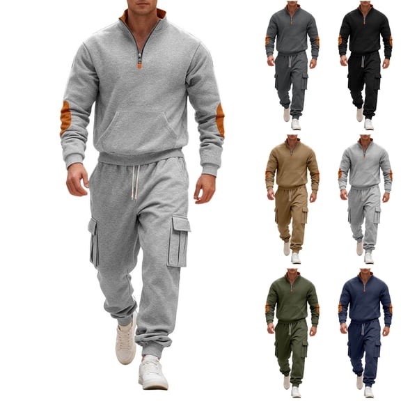 RYDCOT Men's 2 Piece Outfits Long Sleeve Pocket 1/4 Zipper Polo Sweatshirt and Cargo Sweatpants Tracksuit Set Navy