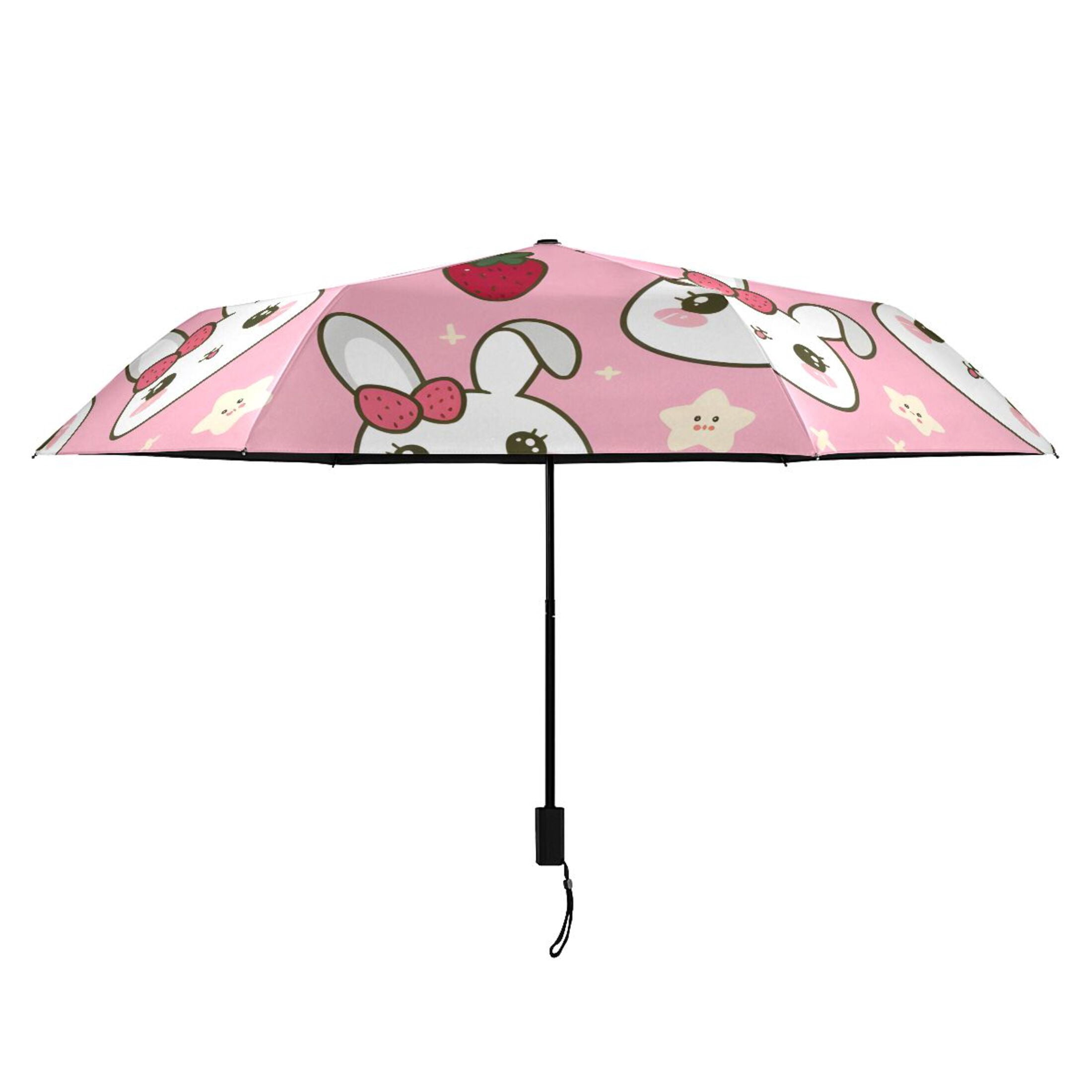 Cute Rabbit Head with Strawberry Compact Sun Umbrella Windproof Travel Umbrellas for Rain Strong Portable UV Protection