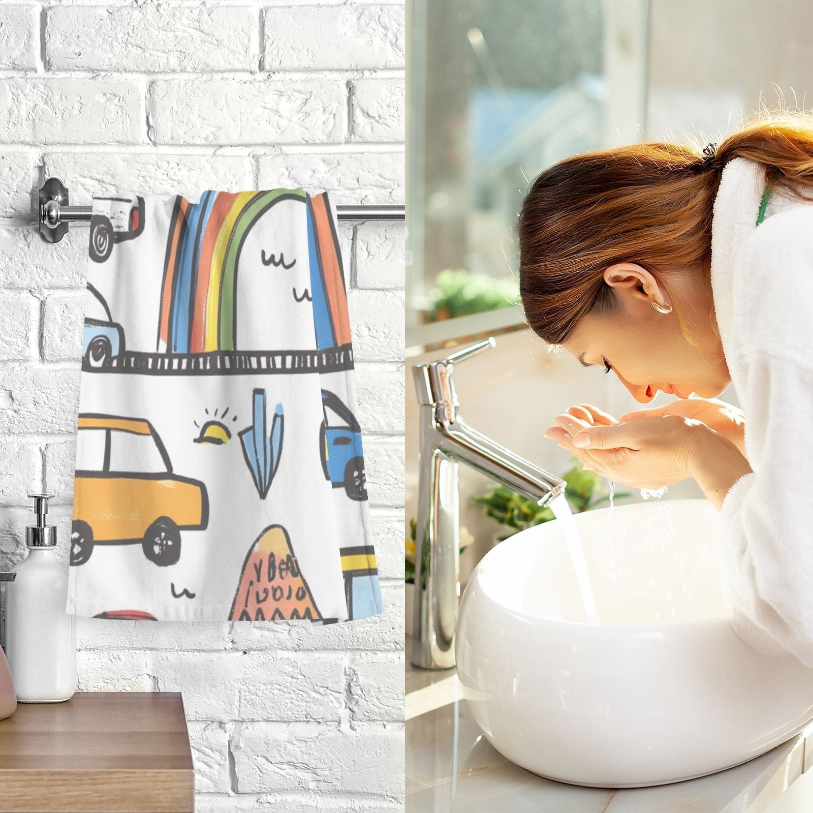 Cars Doodle Rainbows Hand Towels Cotton Bath Towels Large Face Towels Absorbent for Bathroom 2 Packs