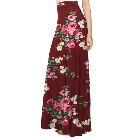 Made by Johnny Women's Solid Maxi Skirt with Elastic Waist Band L WINE_FLORAL
