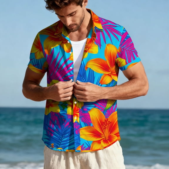 SGFCWSX Men's Hawaiian Short Sleeve Button Down Shirt Tropical Hibiscus Palm Leaf Print Beach Casual Shirt Multicolor Size M