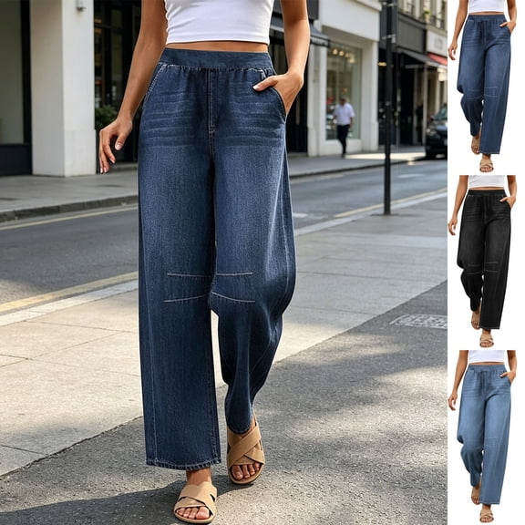 Hvogkswy Jeans for Women Solid Loose Pull On Classic Distressed Work Casual Jeans Elastic High Waisted Wide Leg Jeans with Pockets