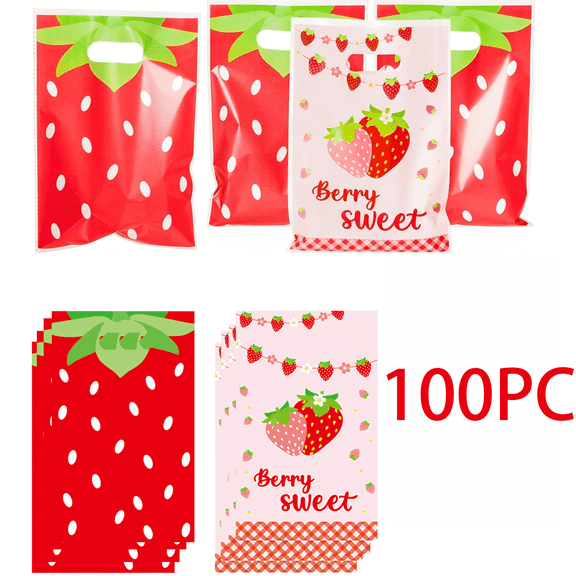 100Pcs Strawberry Party Favors Bags - Red Pink Strawberry Goody Candy Treat Bags, Summer Berry Theme Party Favor Supplies Decorations for Baby Shower Kids Birthday Wedding(9.84 X 6.3in)