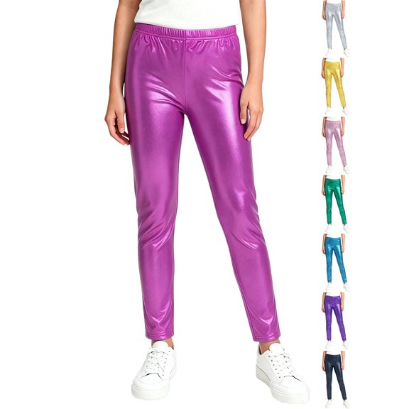 Girls Pants Dqueduo Kids' Shiny Metallic Leggings Elastic Waist Stretchy Dance Performance Pants, Sizes 2-13 Years