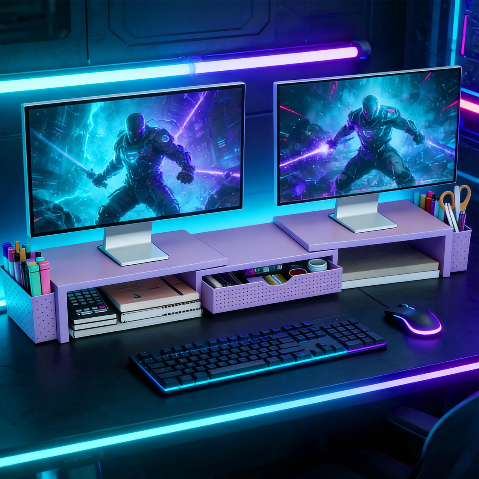 Metal Desk Organizers And Accessories  Dual Monitor Stand Riser With Drawer 2 Pen Holders & Workspace Desktop For Office Supplies (purple)