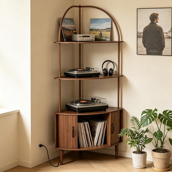 Tall Corner Record Player Stand with Vinyl Storage Cabinet and Doors, Arched Turntable Stand Table with Charging Station