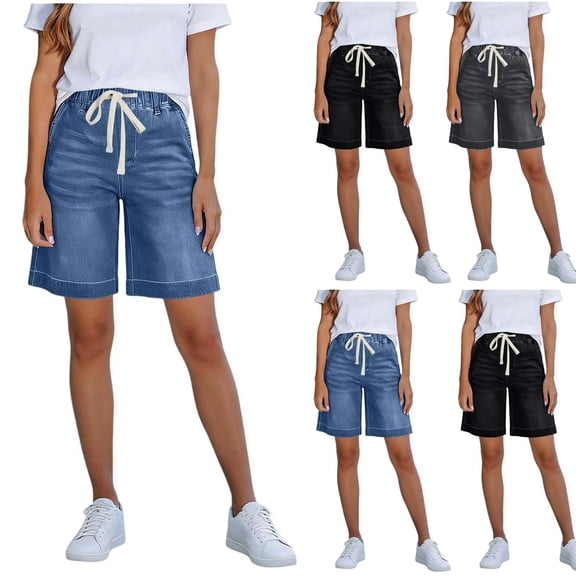 hoksml Women's Drawstring Elastic Waist Denim Bermuda Shorts, High Waist Straight Leg Jean Shorts with Pockets