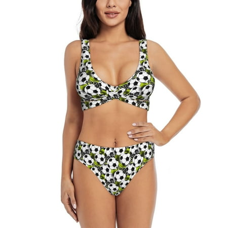 Zeuib Soccer and Football High Waisted Tummy Control Bikini Set - Knot Front Push Up Top & Cheeky Thong Bottom  Two-Piece Swimsuit for Women-XX-Large