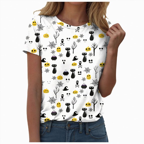 TOWED22 Halloween Shirts for Women Pumpkin Cat Graphic Tees Fall Crewneck Short Sleeve Costumes Autumn Party Graphic T-Shirt(White,M)