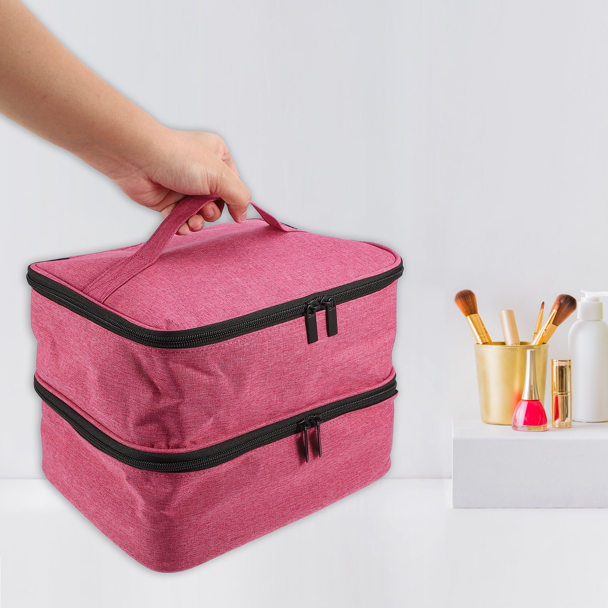 Unique Bargains Double Layer Nail Polish Organizer Case Nylon Pink, Size: 10.24 inchx8.27 inchx7.09 inch(Large*W*H)