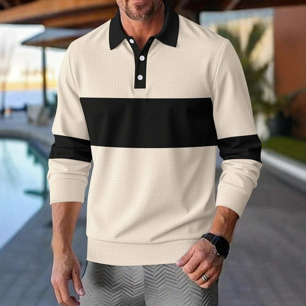 pstuiky camisas de hombre de manga larga, Camiseta de manga larga con solapa y botones de color liso para hombre Tops casuales para hombres s