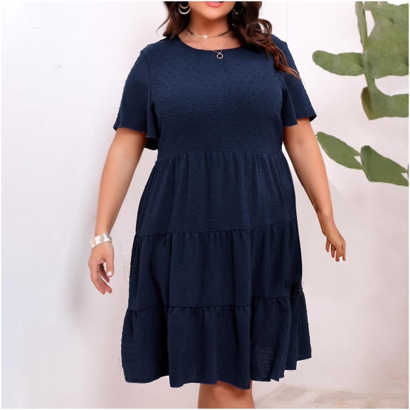 Women's Oversized Dress, Casual Short Sleeve Pleated Dress with Furry Ball Detail, Mid-Calf Length Summer Dress