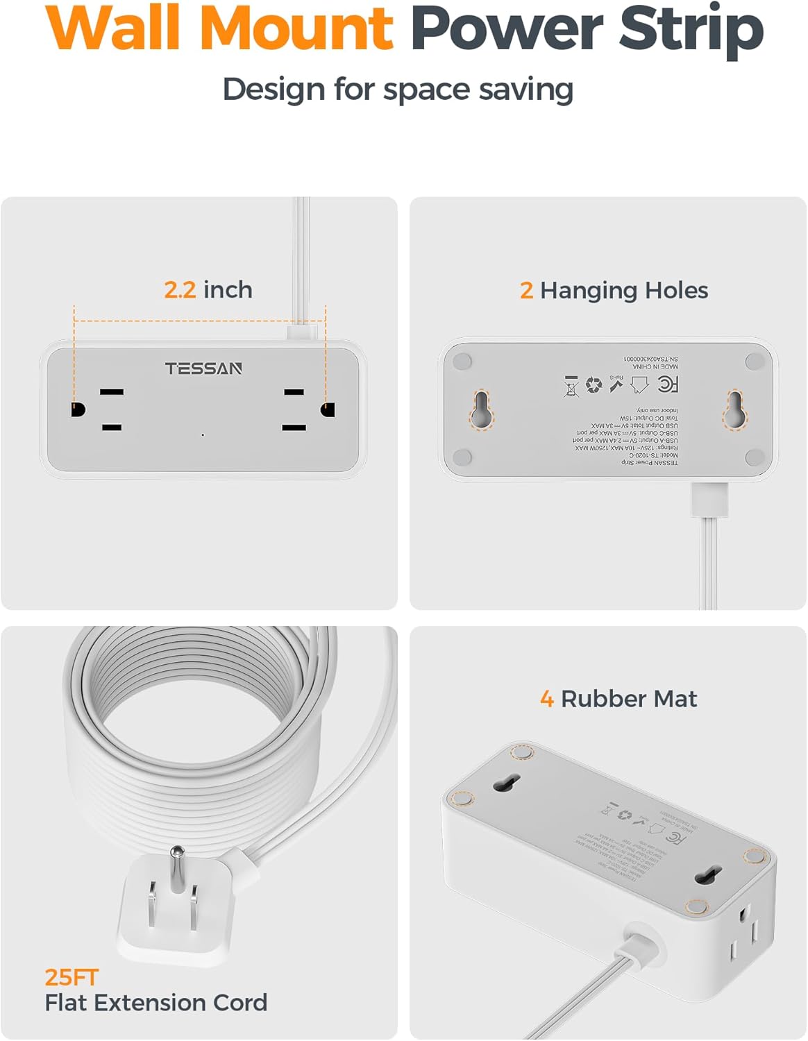 Flat Plug Extension Cord 25 ft, Surge Protector Power Strip with 4 AC Outlets 1 USB C and 2 USB A Ports, 900 Joules Protection, Multiple Wall Outlet Extender for Home Office Dorm Essentials