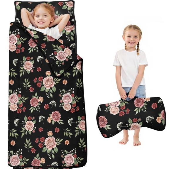 Pioneer Flower Floral Print Pattern Teens Toddler Nap Mat with Pillow, Sleeping Mat Bag for Preschool Daycare 59"x22"