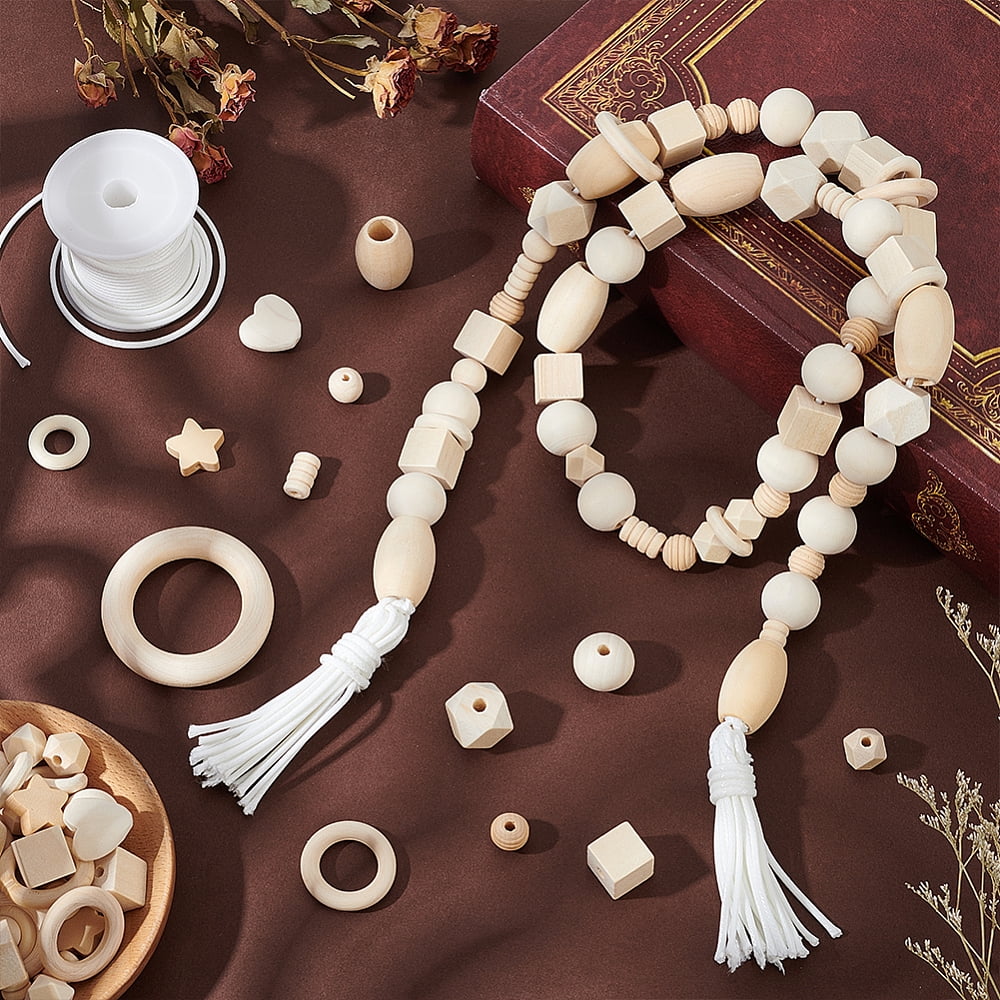 300pcs 8 Shapes Wooden Beads 12~56mm Unfinished Wood Beads Craft Beads Natural Wooden Spacer Beads with 2mm White Waxed Cord