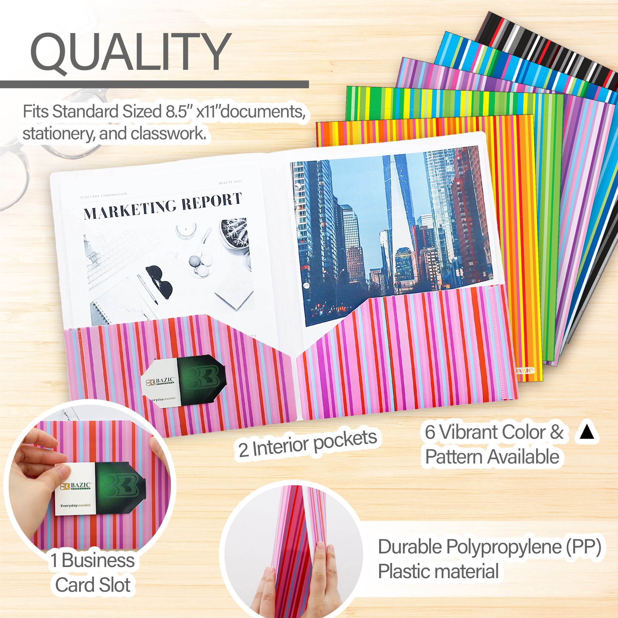 BAZIC 2 Pockets Poly Folder, Stripes Portfolio, Document Folders, 48-Pack