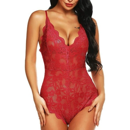 

DENGDENG Lace One Piece Bodysuit for Women Snap Crotch See Through Sexy Teddy Lingerie