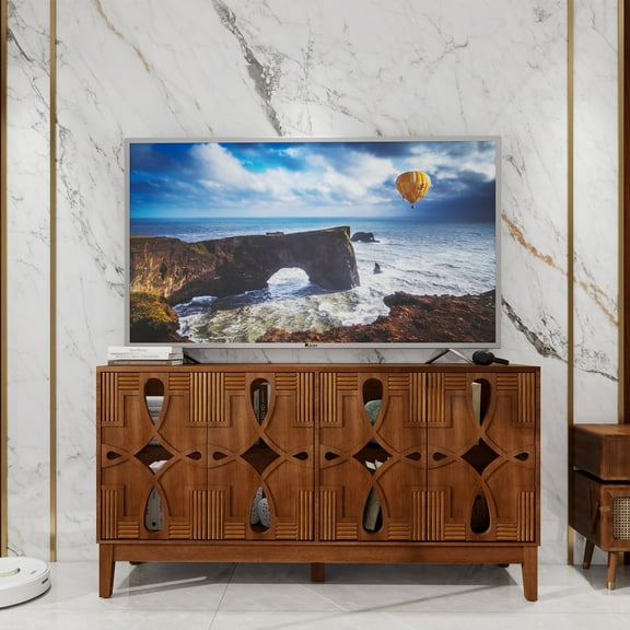 MDQMD Walnut Buffet Cabinet with Adjustable Shelves for Storage, Vintage Sideboard Cabinet with 4 Carved Doors for Living Room