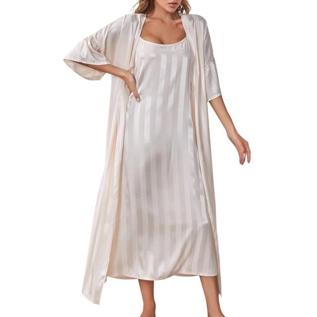SUNSIOM Ensemble de Pyjama pour Femmes, Robe Ouverte à Manches 3/4 avec Robe Longue Rayée Vêtements de Nuit Vêtements de Détente