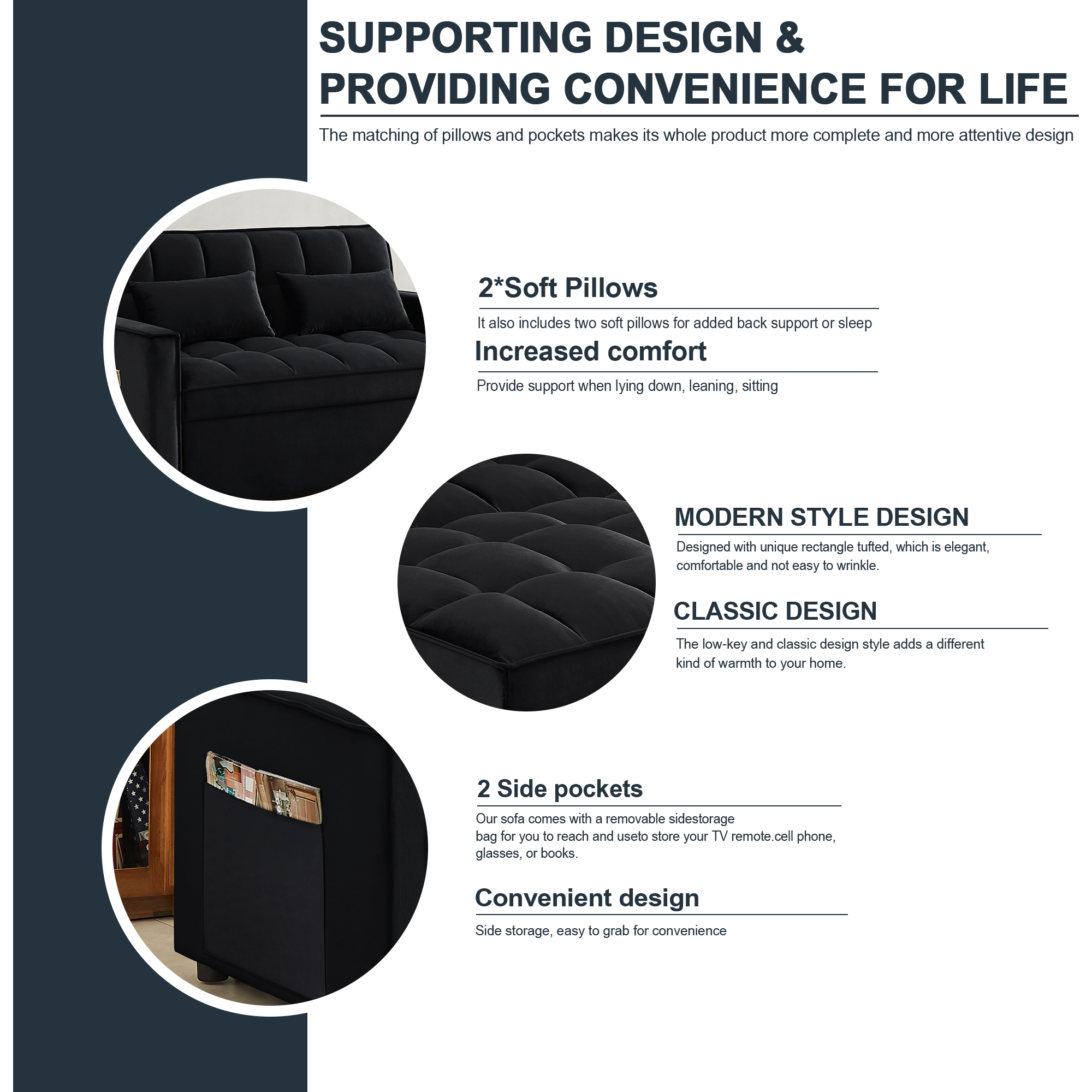 Muumblus 55" Pull Out Sofa Bed, Convertible Sleeper Loveseat with Pull Out Bed, Modern Velvet Sleeper for Living Room, Adjsutable Backrest, Black - image 5 of 8