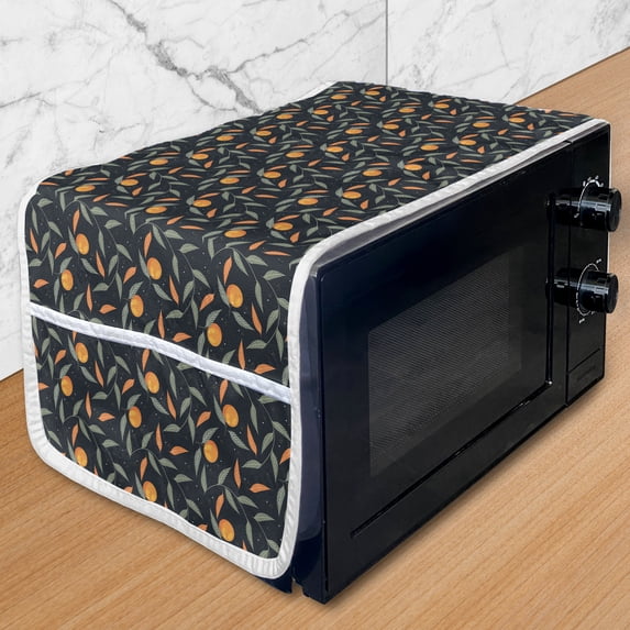Tangerine Microwave Oven Cover, Repetitive Pattern with Swirling Branches Citrus Fruits, Water Resistant Organizer with Pockets for Kitchen, 36" x 12", Dark Night Blue Marigold, by Ambesonne