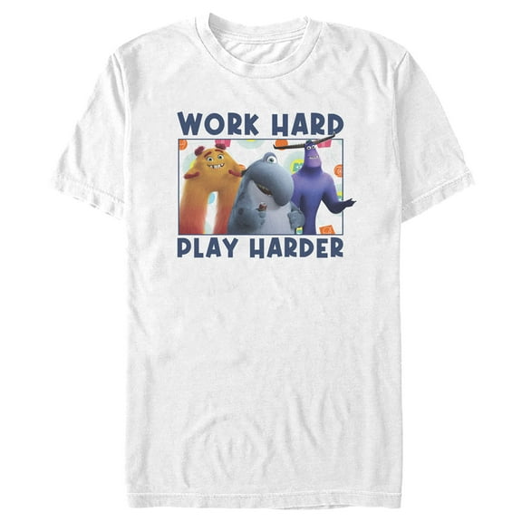 Men's Monsters at Work Work Hard Play Harder Graphic Tee White Medium