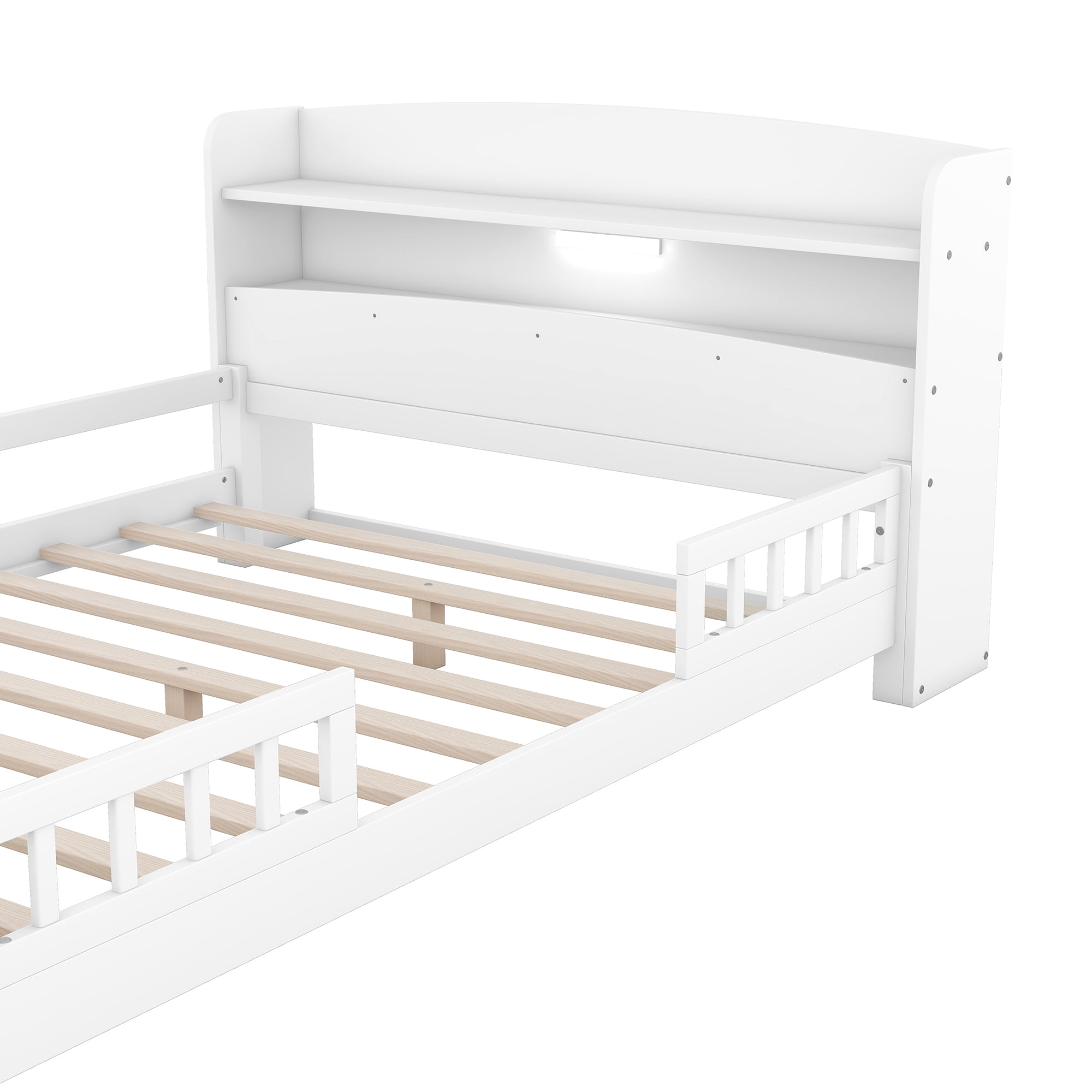 Euroco Wood Full Size Platform Bed with Storage Headboard and LED Light, White