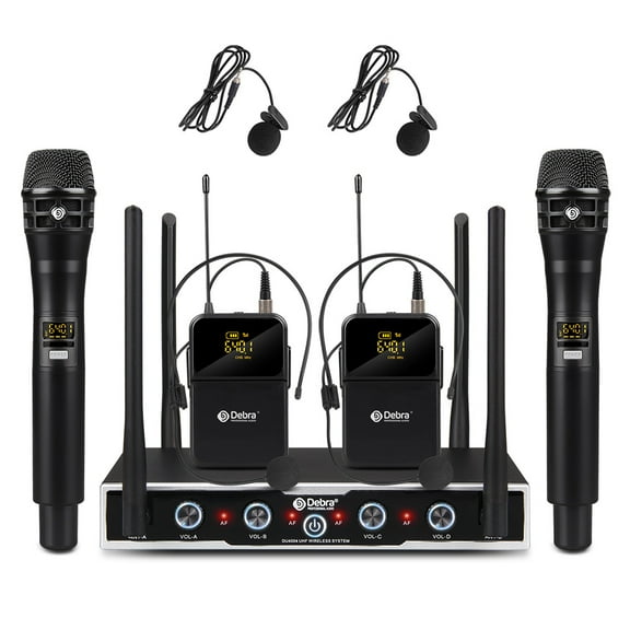 D Debra Audio Wireless Microphone System Pro DU4004 UHF 4 * 16 Adjustable Channel Wireless Handheld Lavalier Headset Mics, Ideal for Meeting Church Speech Party (2 Handheld & 2 Bodypack)