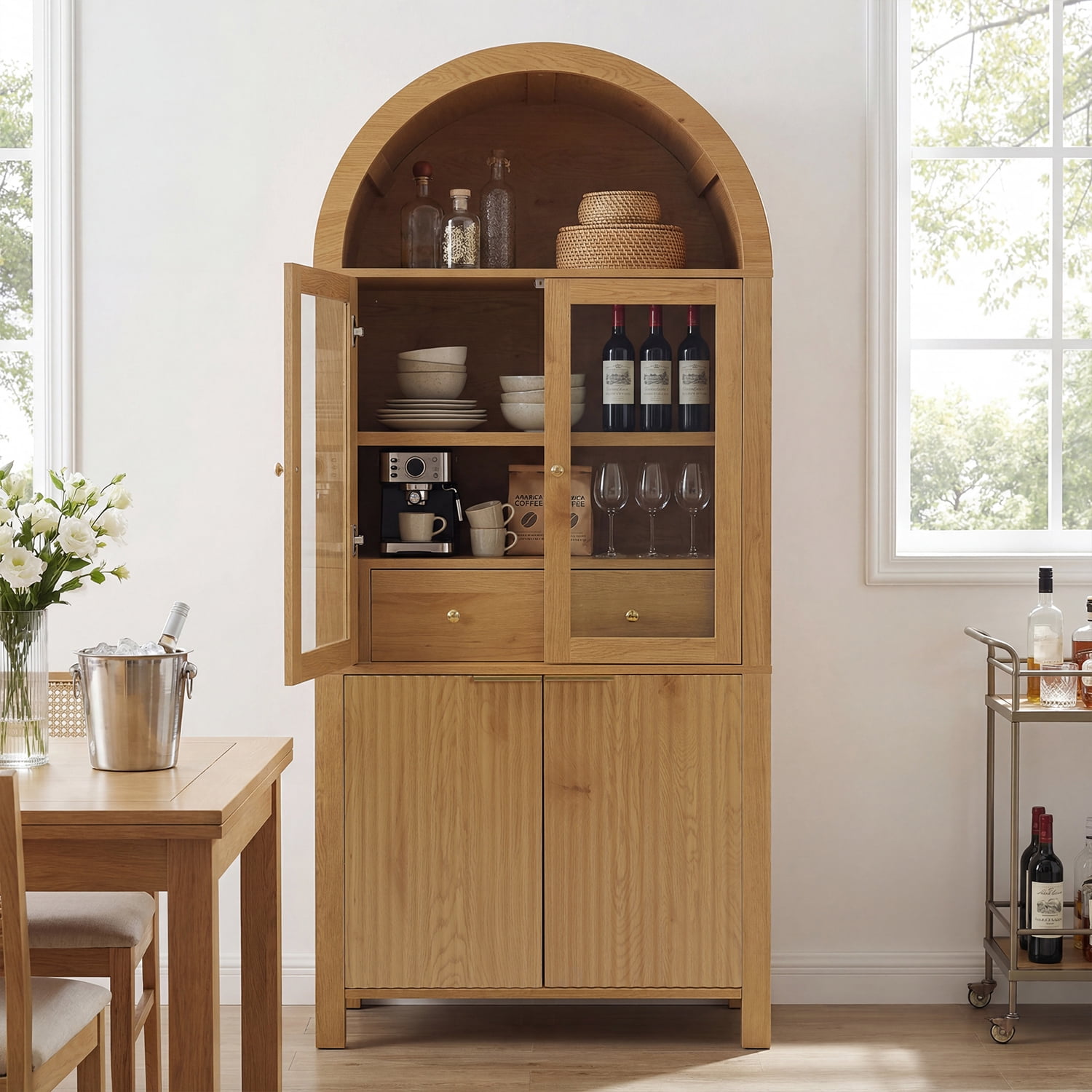 Mintazer 71" Fluted Tall Arched Kitchen Pantry Cabinet with Adjustable Shelves, Freestanding Storage Cabinet with Glass Doors & Drawer for Kitchen Living Room Dining Room, Natural