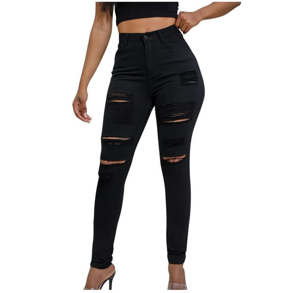 FRSASU Womens Elastic Waist Cool Ripped Jeans Solid Color Wide Leg Ripped Denim Pants with Pockets Black 6(L)