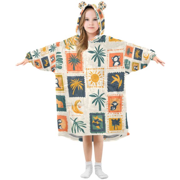 FORMRS Wearable Blanket Hoodie with Sleeves for Kids Cozy Flannel Sweatshirt, Beige Playful Stamp